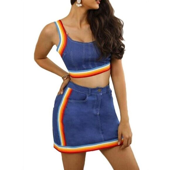 Denim Rainbow Skirt Set Small - Picture 1 of 7